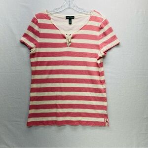 LRL Lauren Ralph Lauren Women Large Pullover Pink Beige Striped Lace up Henley
